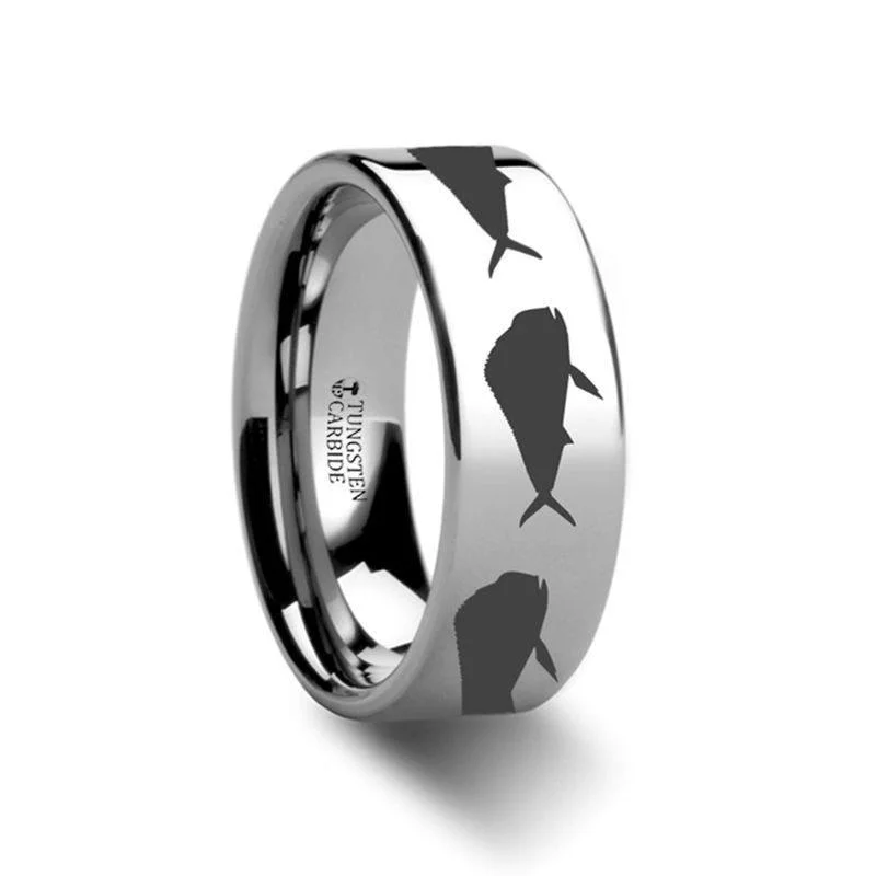 round brilliant cut engagement rings for women-Mahi Fish Jumping Sea Print Pattern Engraved Flat Tungsten Ring - 4mm - 12mm