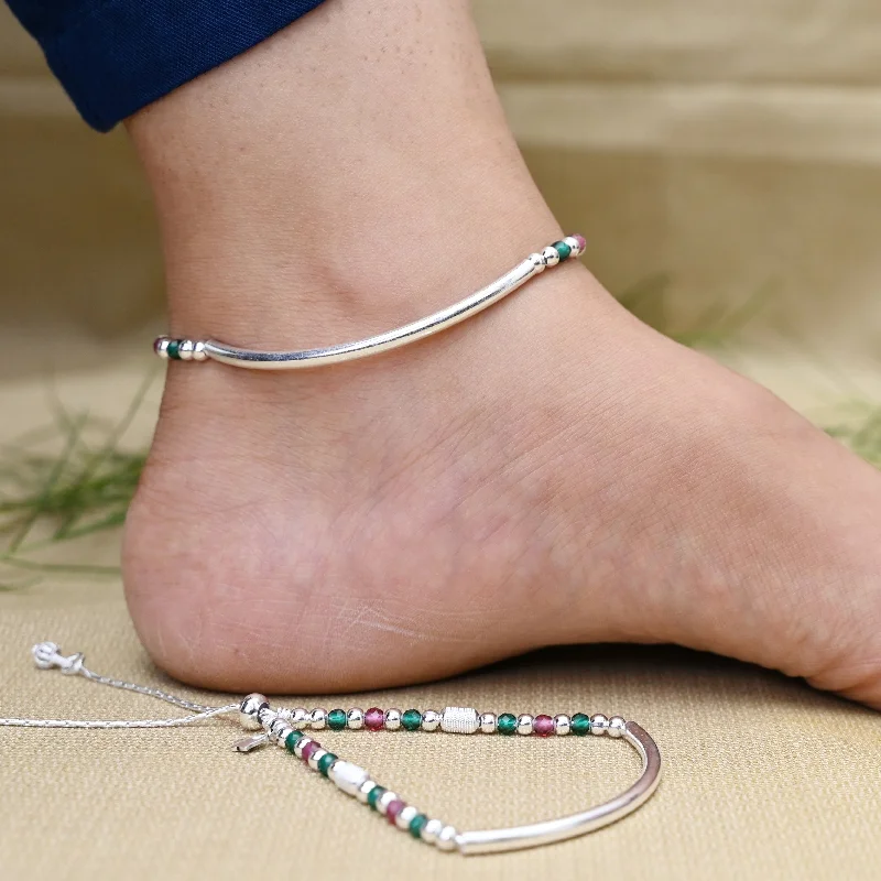 bohemian anklets for women-Silver Green and Purple Beads Anklet for Girls