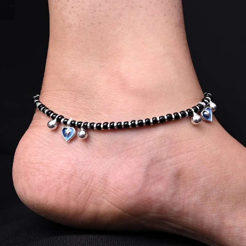 dainty ankle bracelets for women-Silver Aqua Blue Heart Anklet