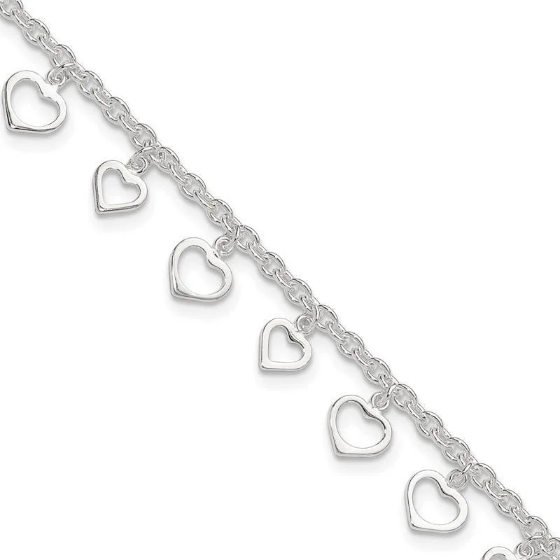 chic anklets for women-Sterling Silver 8 in Plus 1in Ext Polished Heart Anklet