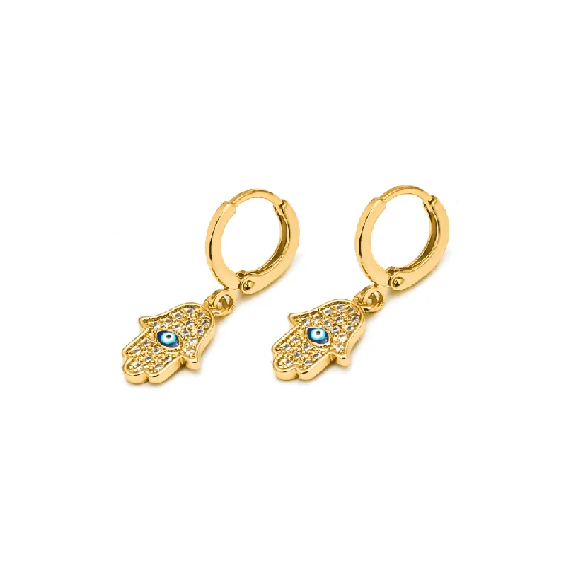 crystal earrings for women-Hamsa Evil Eye Huggie Earrings (14K)