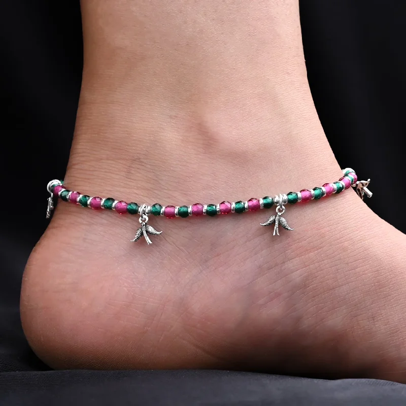 anklets with beads for women-Silver Beautiful Pink & Green Beaded Birds Charm Girls' Anklets