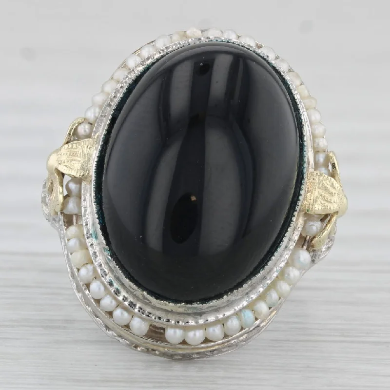 diamond engagement rings for women-Vintage Onyx Oval Cabochon Seed Pearls Ring 10k Gold Floral Filigree Size 4.75