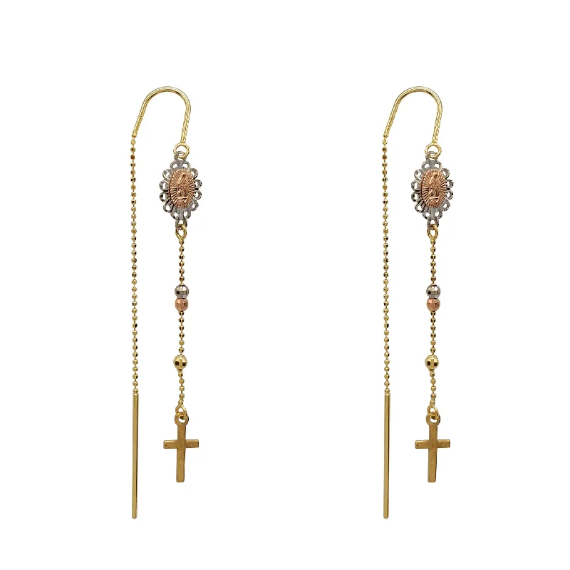 cocktail earrings for women-Tricolor Virgin Mary & Cross Ear Threads Dangling Drop Earrings (14K)