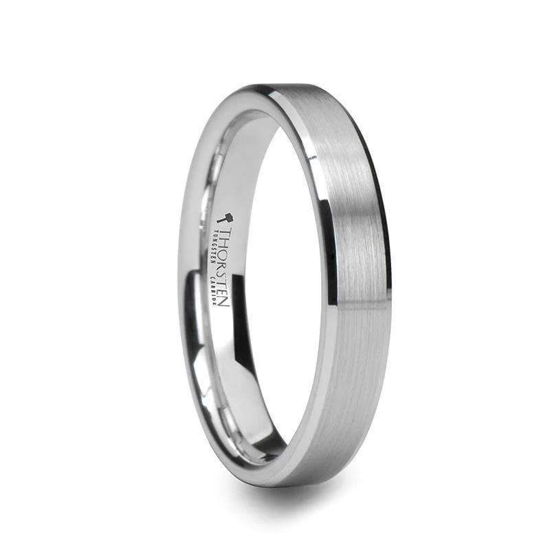 custom engagement rings for women-SAIRA Beveled White Tungsten Carbide Ring with Brushed Center - 4mm & 6mm