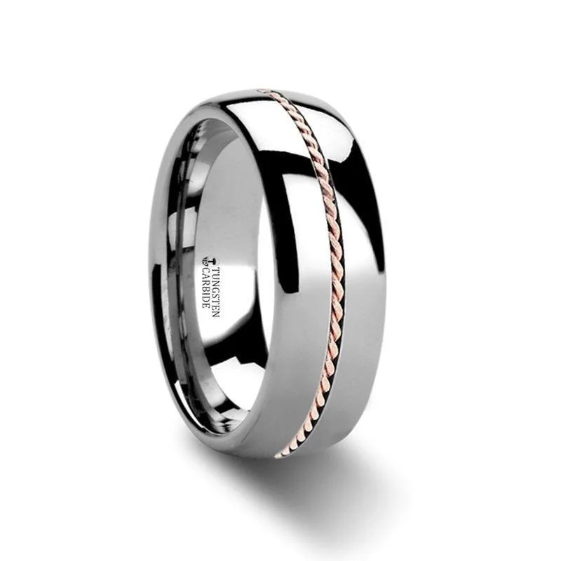 engagement rings with colored stones for women-ROSSMOOR Braided 14K Rose Gold Inlay Domed Tungsten Ring - 6mm & 8mm