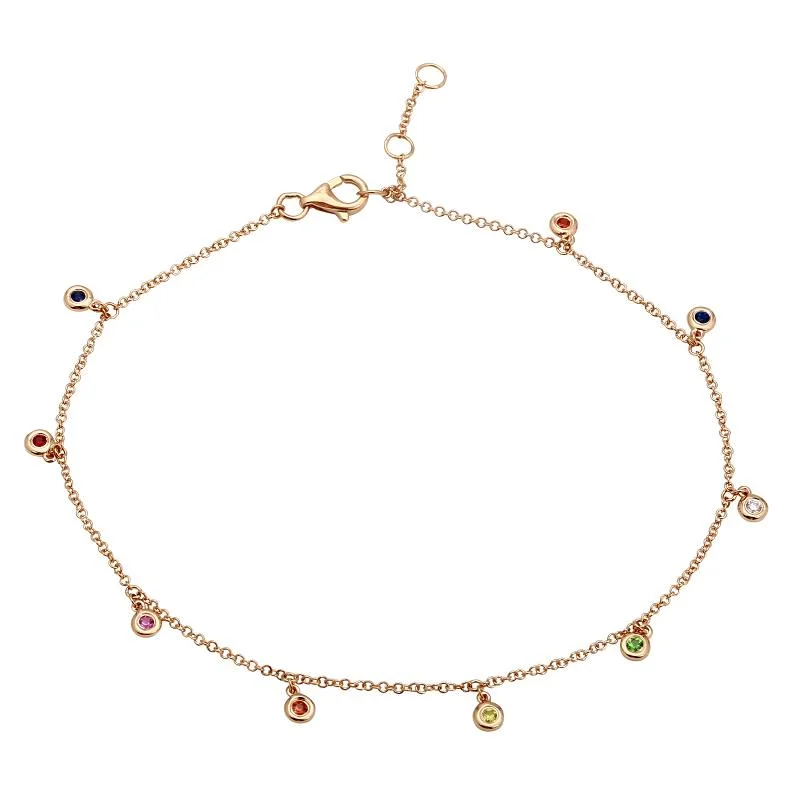 ankle bracelet with gemstones for women-14K Rose Gold Rainbow Gemstone Anklet