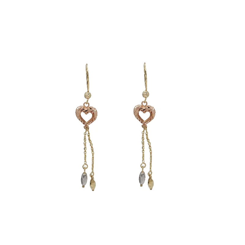 fashion earrings for women-Tricolor Diamond-cut Heart Dangling Earrings (14K)