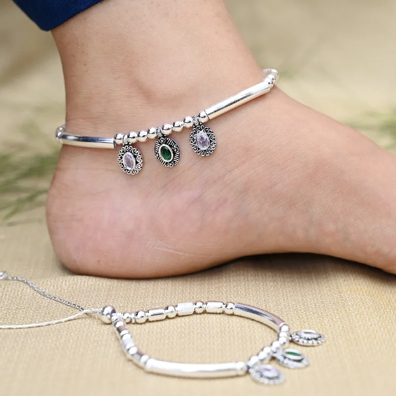 anklets with rhinestones for women-Silver Green and Purple Gem Stone with Silver Beads Anklet for Girls