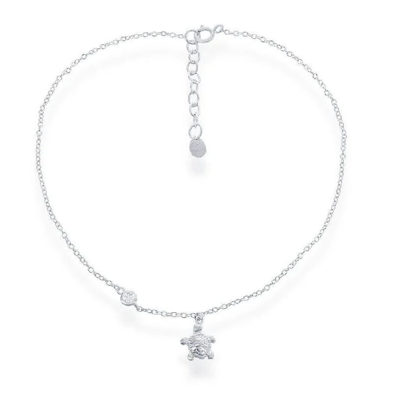 diamond ankle chains for women-Sterling Silver Turtle Charm with Single CZ Anklet