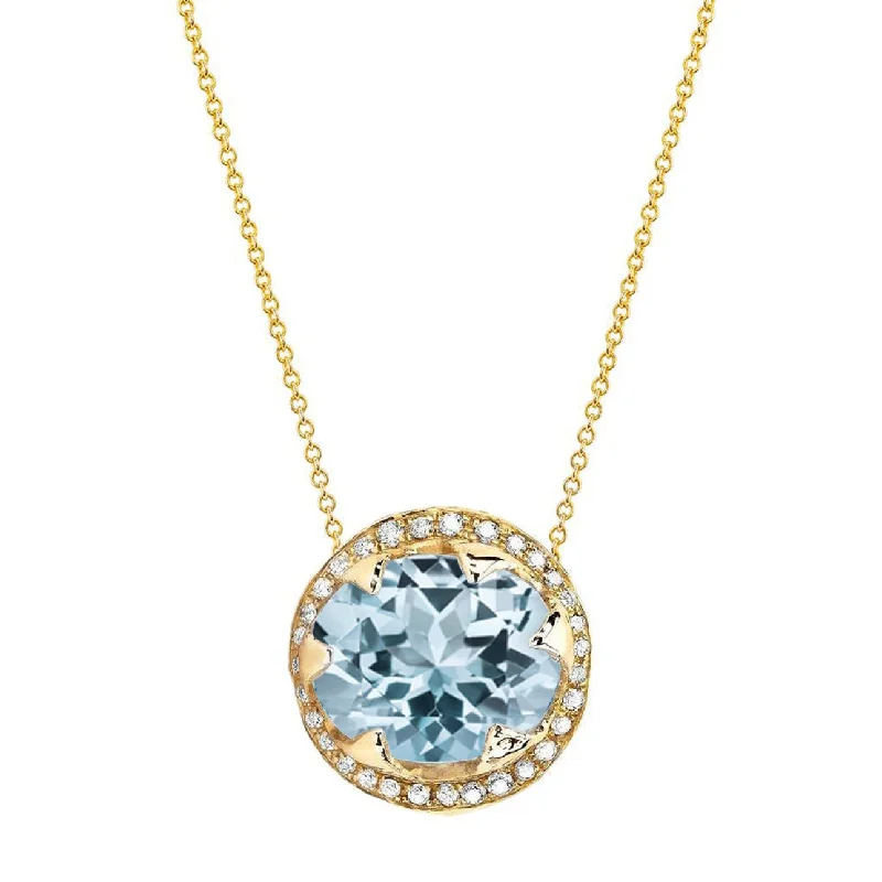 anniversary necklace for women-Queen Oval Aquamarine Necklace with Full Pavé Diamond Halo