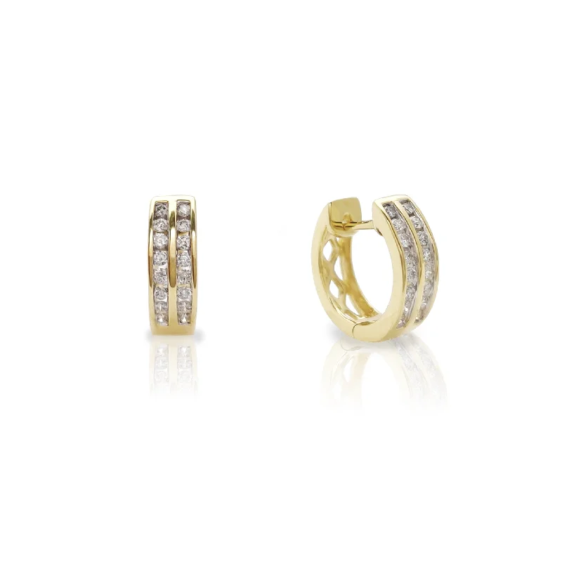 elegant stud earrings for women-Double Row Channel-Set Diamond Huggie Earrings (14K)