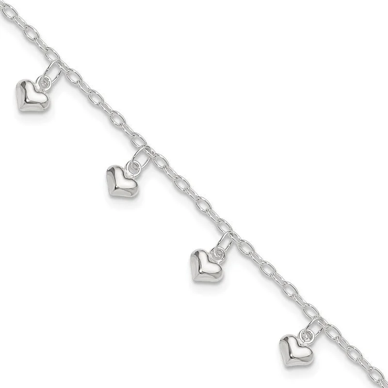 colorful anklets for women-Sterling Silver Polished Puffed Heart 9in Anklet