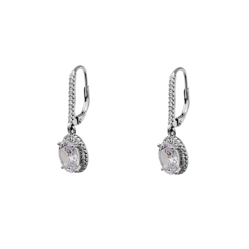 silver stud earrings for women-Zirconia Halo Oval Dangling Earrings (Silver)