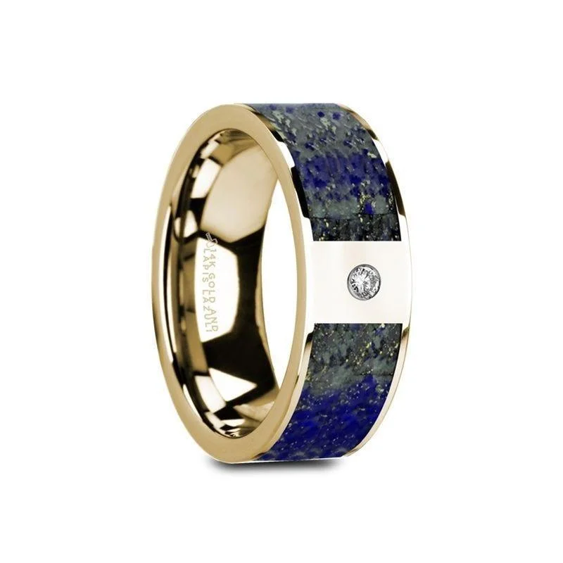 white gold engagement rings for women-GENE Flat 14K Yellow Gold Ring with Blue Lapis Lazuli Inlay & White Diamond Setting - 8mm