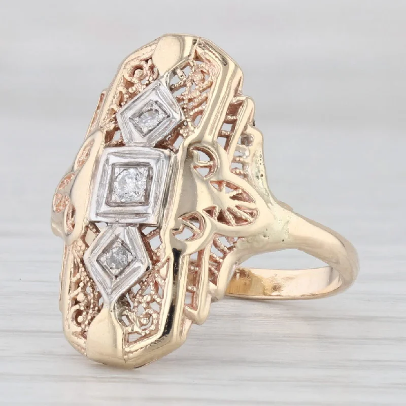 vintage style engagement rings for women-Vintage Diamond Filigree Ring 10k Gold Size 7.25 Art Deco