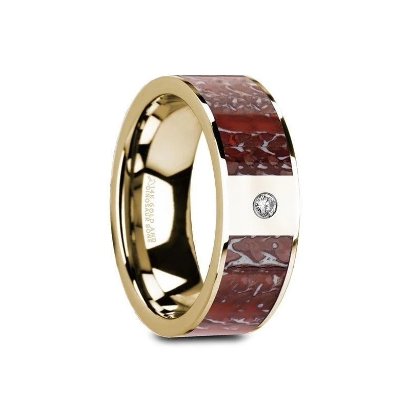 elegant engagement rings for women-GAIA Flat 14K Yellow Gold Ring with Red Dinosaur Bone Inlay & White Diamond Setting - 8mm