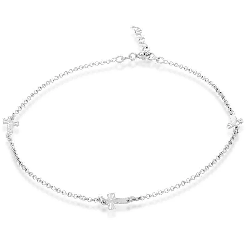 delicate ankle chains for women-Sterling Silver Three Small Crosses Anklet