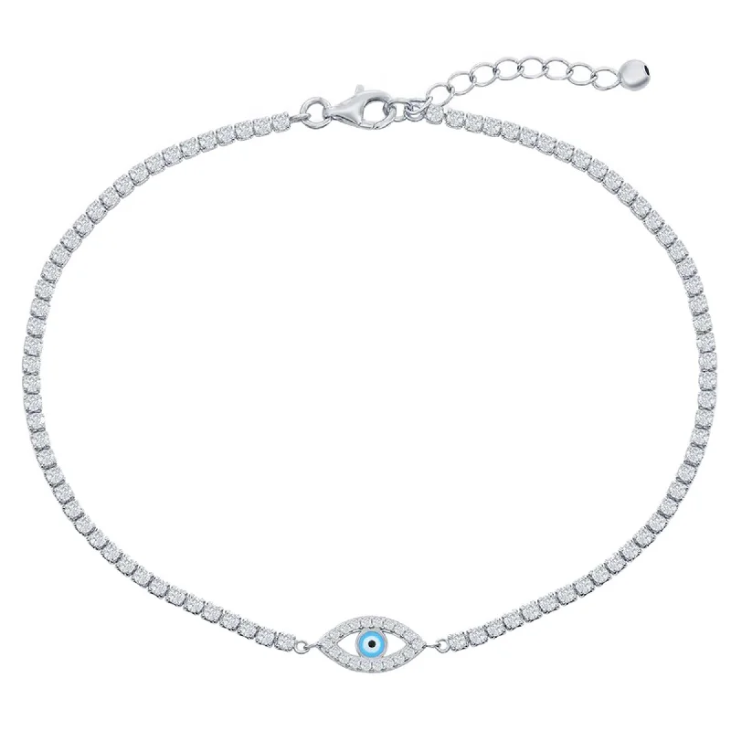 handmade anklets for women-Classic Women's Anklet - Sterling Silver Evil Eye Enamel White CZ Tennis | R-9285