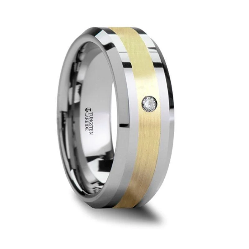 vintage diamond engagement rings for women-FABIAN 14K Gold Inlaid Beveled Tungsten Ring with Diamond - 8mm