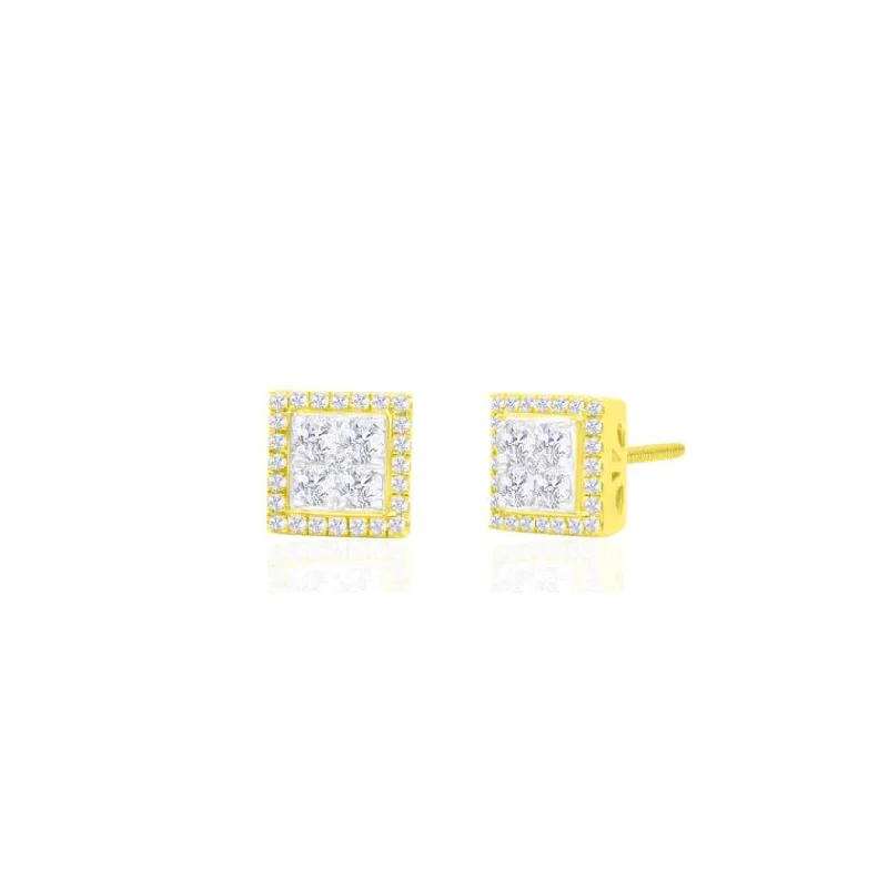 anniversary earrings for women-Diamond Iced-Out Square Stud Earrings (14K)