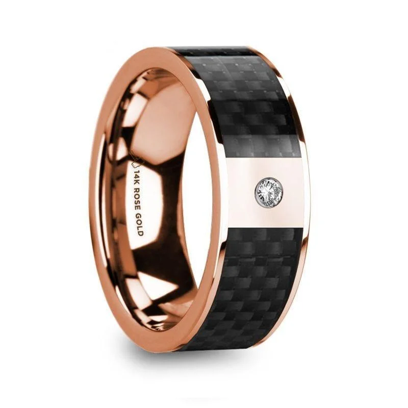 personalized engagement rings for women-HERMEROS Black Carbon Fiber Inlaid 14k Rose Gold Polished Ring with Diamond Accent - 8mm