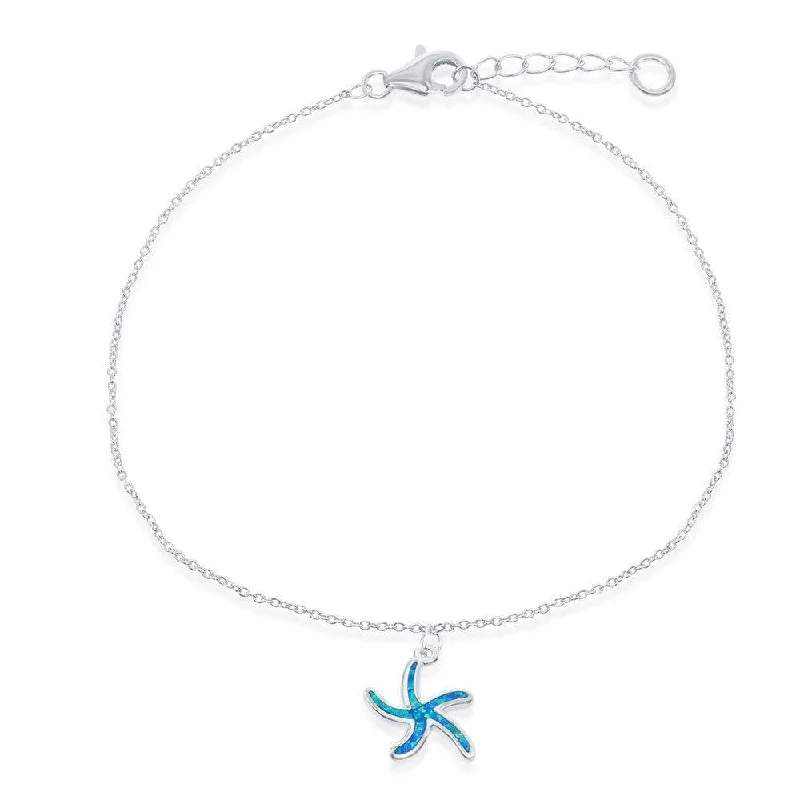 minimalist anklets for women-Sterling Silver Blue Inlay Opal Starfish Anklet