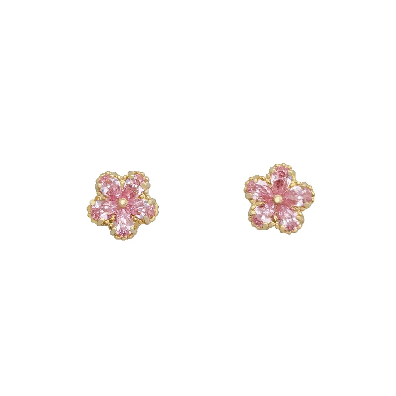 glamorous earrings for women-Zirconia Flower Cherry Blossom Stud Earrings (14K)