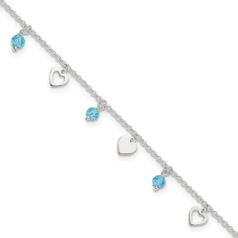 leather ankle bracelets for women-Sterling Silver 9 inch Heart and Blue Glass Plus1in ext. Anklet