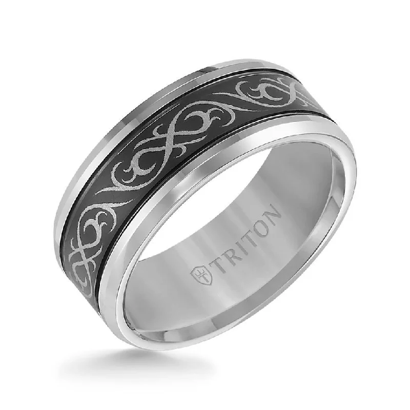 wedding and engagement rings for women-KIRBY Beveled Tungsten Carbide Ring with Dual Offset Grooves and Laser Engraved Celtic Pattern Black Tungsten Center by Triton Rings - 9 mm