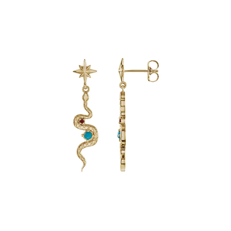 gold drop earrings for women-Natural Turquoise and Ruby Cosmic Snake Earrings (14K)