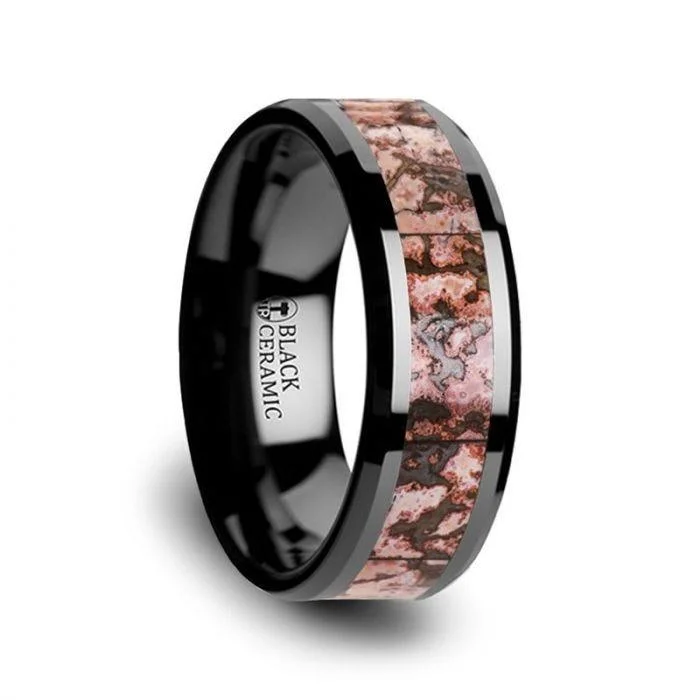 unique diamond engagement rings for women-CAMBRIAN Pink Dinosaur Bone Inlaid Black Ceramic Beveled Edged Ring - 4mm & 8mm