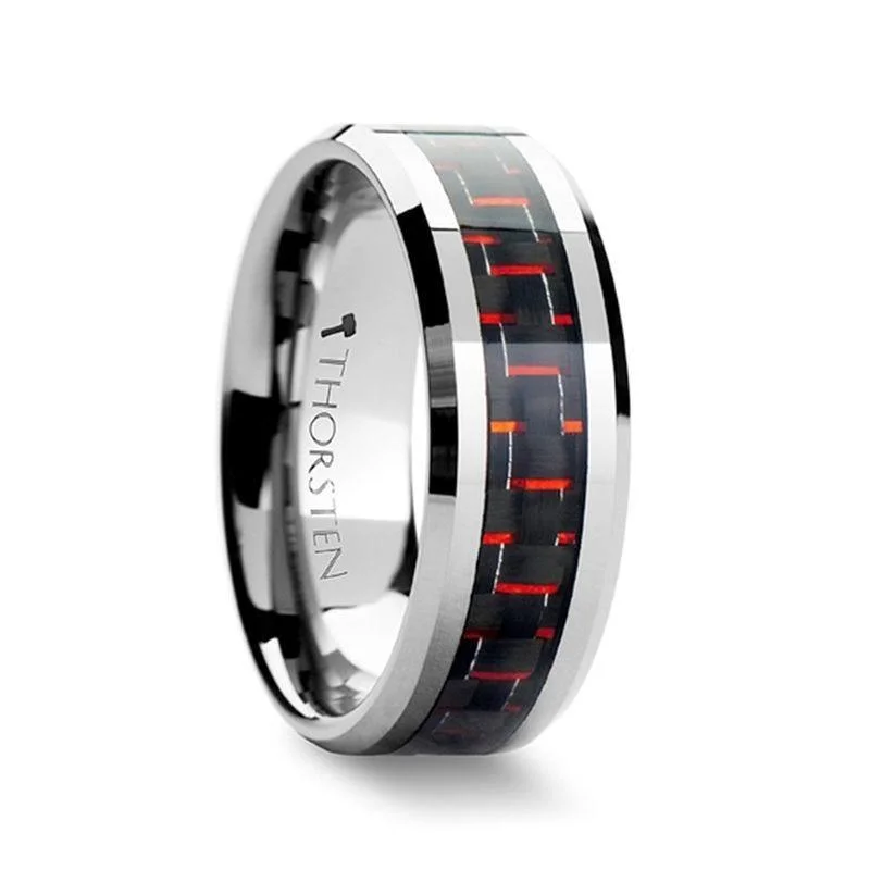 eternity engagement rings for women-AURELIUS Tungsten Band Inlaid with a Black & Red Carbon Fiber - 6mm & 8mm