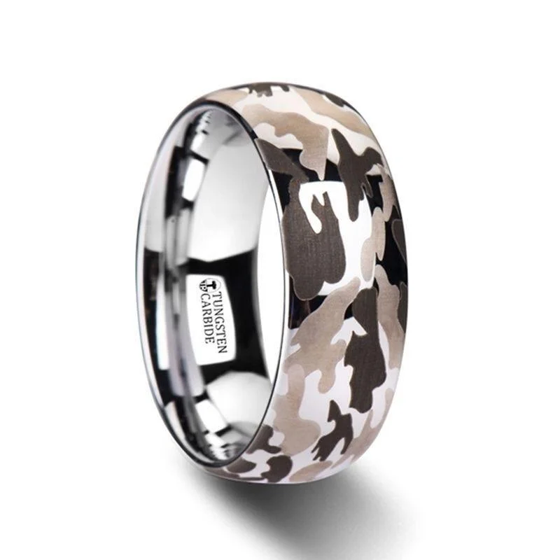 platinum engagement rings for women-BATTALION Domed Tungsten Carbide Ring with Laser Engraved Camo Pattern - 6mm - 10mm