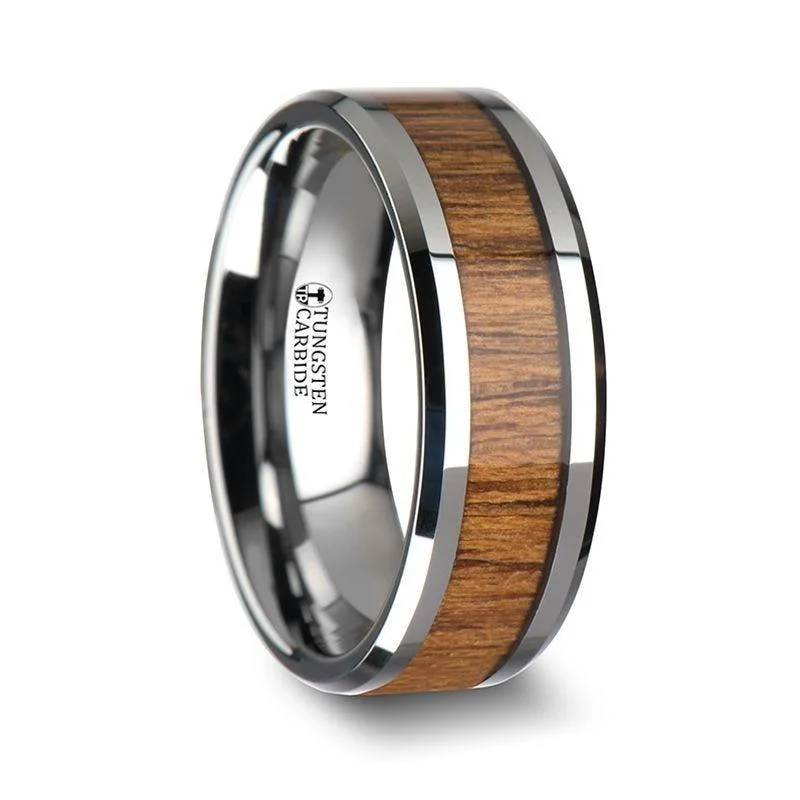 yellow diamond engagement rings for women-TEKKU Wood Tungsten Ring with Polished Bevels and Teak Wood Inlay - 6mm - 10mm