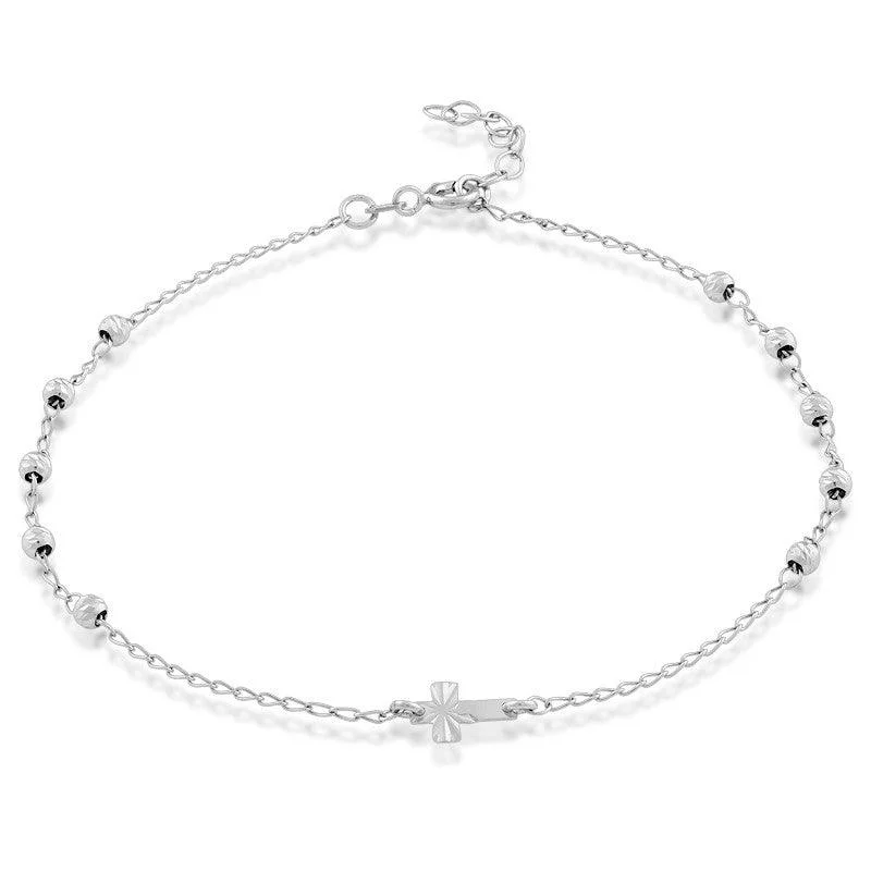 stackable anklets for women-Sterling Silver Diamond Cut Beads with Small Center Cross Anklet