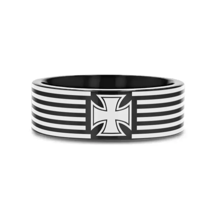 solitaire engagement rings for women-IRON CROSS on Black Flat Tungsten Carbide Ring