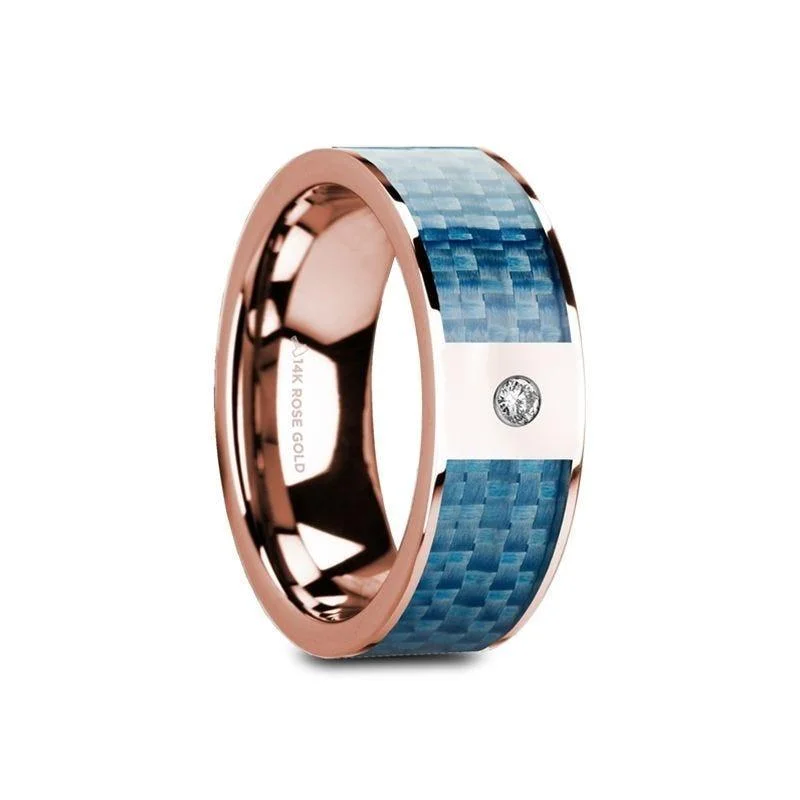 platinum diamond engagement rings for women-GARTH Flat 14K Rose Gold Ring with Blue Carbon Fiber Inlay & White Diamond Setting - 8mm