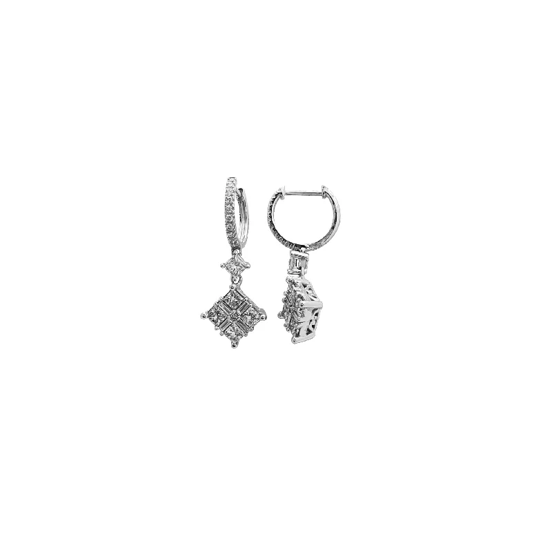 cute earrings for women-Diamond Square Shape Dangling Earrings (14K)