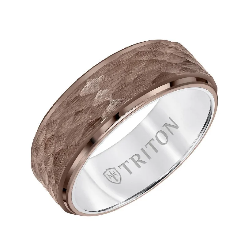 three-stone engagement rings for women-ARVID 8MM Brown & White Tungsten Carbide Ring - Hammered Center and Step Edge