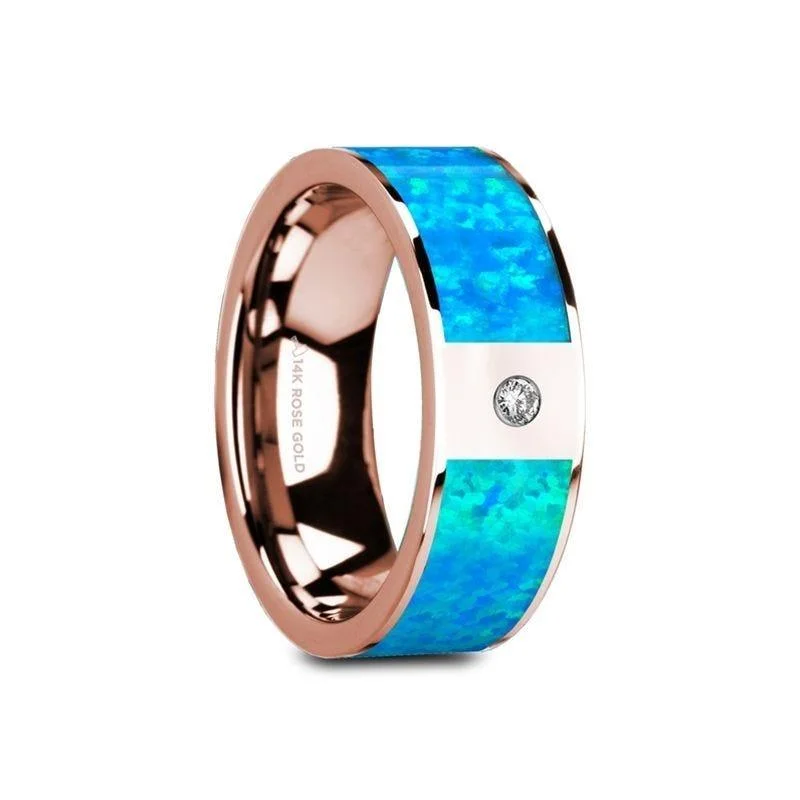 gold-plated engagement rings for women-GAIOS Flat 14K Rose Gold Ring with Blue Opal Inlay & White Diamond Setting - 8mm