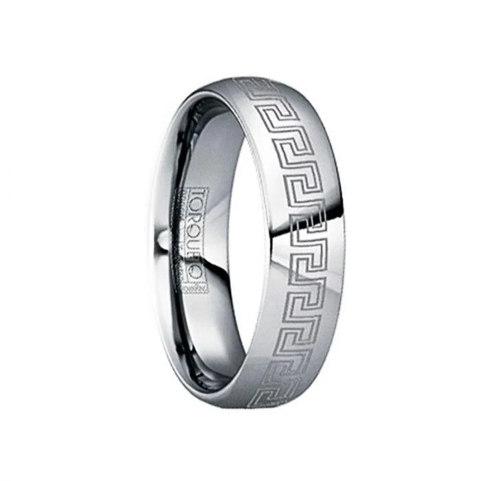 luxury engagement rings for women-LAURENTIUS Tungsten Carbide Polished Ring with Engraved Greek Key Pattern - 6mm