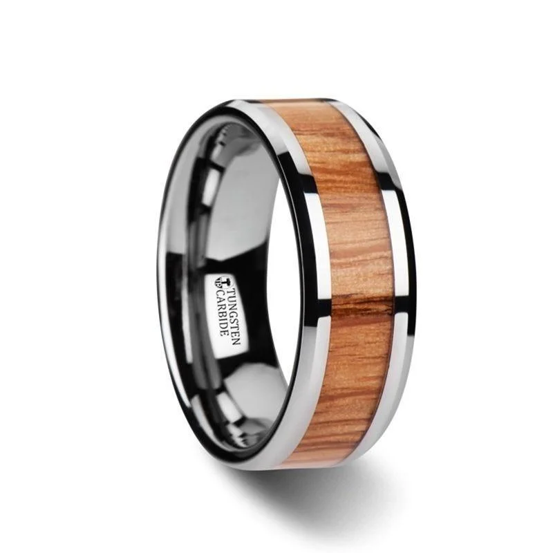 diamond solitaire engagement rings for women-VERMILLION Red Oak Wood Inlaid Tungsten Carbide Ring with Bevels - 6mm - 10mm