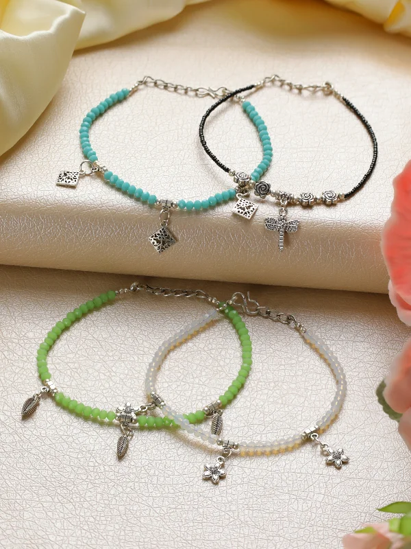 knot anklets for women-Set Of 4 Silver Butterfly, Flower, Square & Shell Charms Beaded Handcrafted Anklets