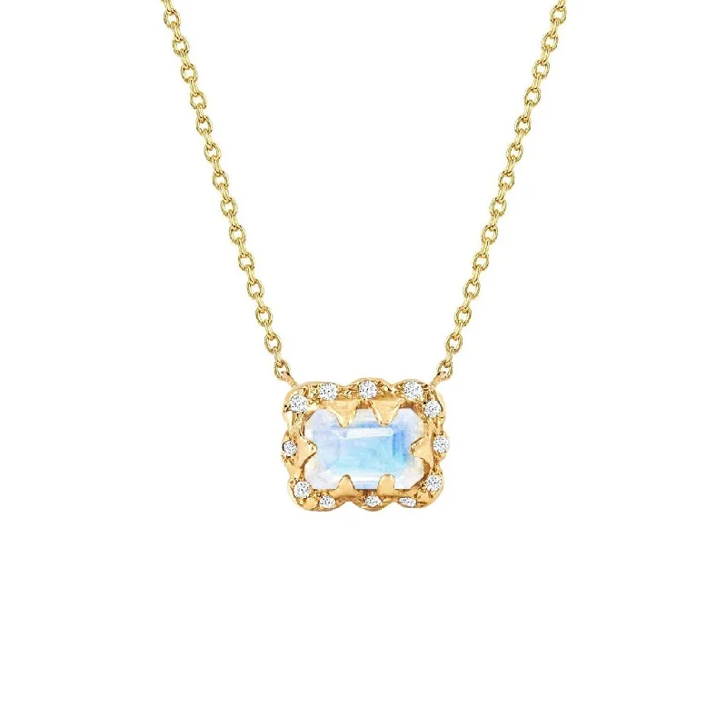 silver necklace for women-Micro Queen Emerald Cut Moonstone Necklace with Sprinkled Diamonds