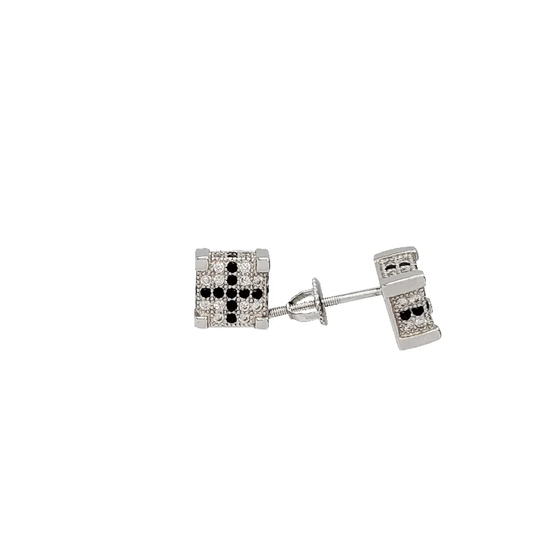 crystal earrings for women-Iced-Out Black Crosshair Square Stud Earrings (Silver)