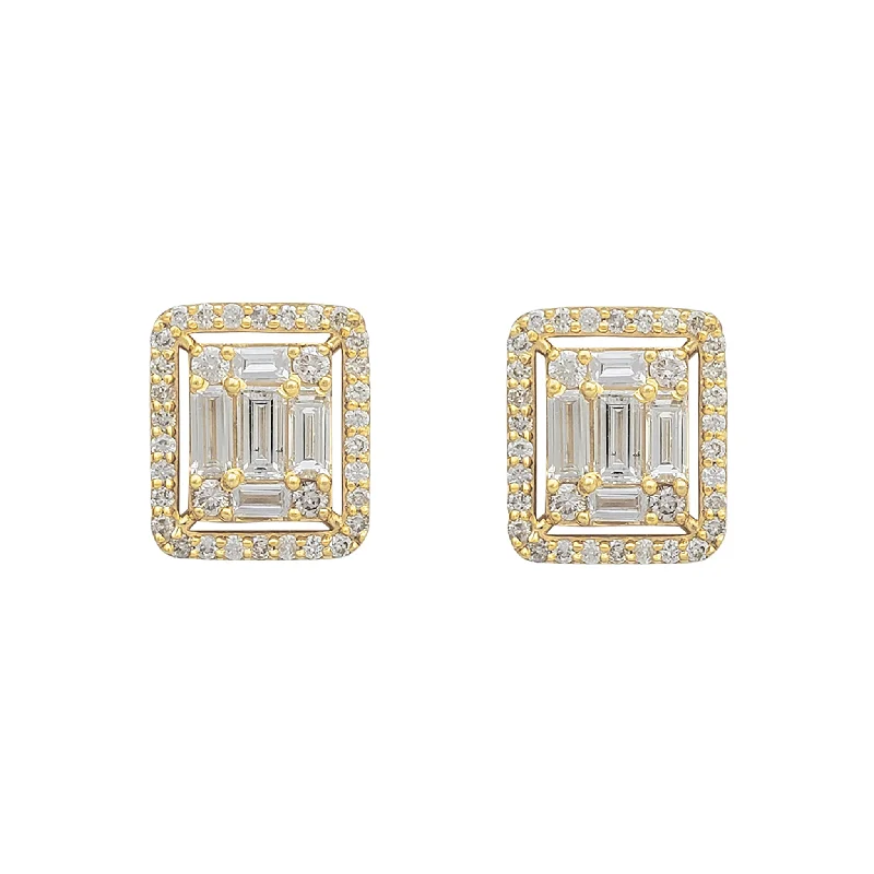 crystal stud earrings for women-Diamond Cluster Rectangle Stud Earrings (14K)