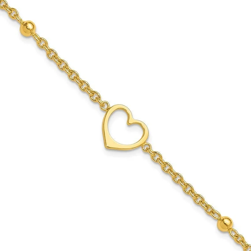 stackable anklets for women-Sterling Silver Gold-tone 9in Plus 1 in ext Heart Anklet