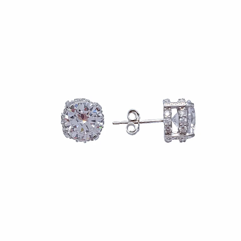 cute earrings for women-Iced Setting Round-Cut Solitaire Zirconia Stud Earrings (Silver)