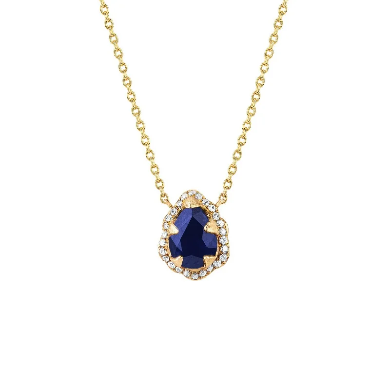 romantic necklace for women-Micro Queen Water Drop Blue Sapphire Necklace with Pavé Diamond Halo